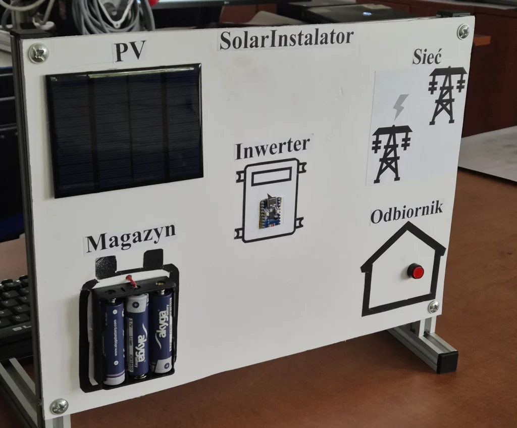 SIMLOGIC przeprowadził szkolenie z magazynowania energii w Technikum nr 3 w Łodzi 3 Makieta dydaktyczna SolarInstalator z panelem PV, magazynem z ogniw litowo-jonowych, sterownikiem ESP32 jako inwerterem oraz oznaczeniami sieci i odbiornika